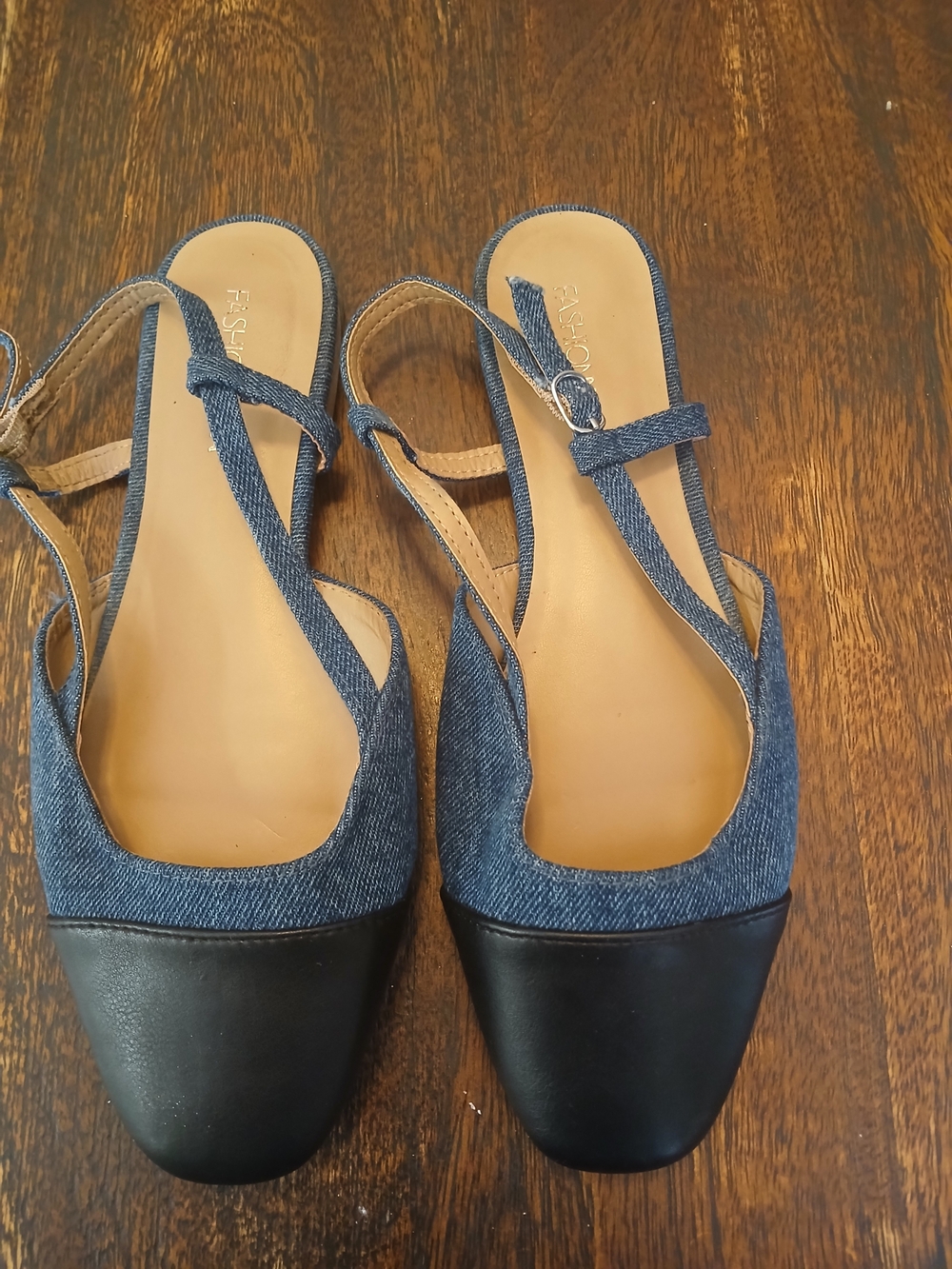 Fashion Nova Denim and Black Square Toe Slingback Mules